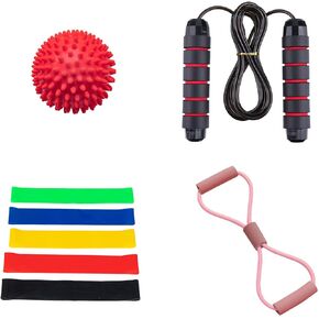 Exercise Strength Training Kits-Adjustable Jump Rope and 8 Word Shape Chest Expander Resistance Exercise Band and Massage Ball and 5 Color Loop Band. for Home Gym to Men, Women, Kids