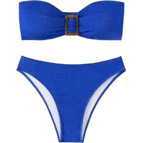 GORGLITTER Women's Strapless Bandeau Swimsuit High Waisted Thong Textured Bikini Set Bathing Suit