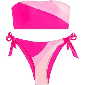 Milumia Women's 2 Piece Bandeau Tie Side Swimsuits Color Block High Cut Bikini Sets Swimwear
