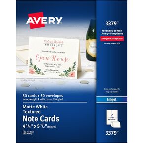 Avery Printable Note Cards with Envelopes, 4.25" x 5.5", Textured White, 50 Blank Note Cards for Inkjet Printers (03379)