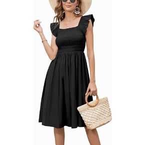 Simier Fariry Womens Summer Smocked Knee Length Travel Casual Dress with Pockets