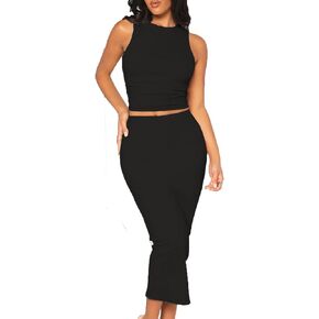 Women's Casual 2 Piece Dress Round Neck Tank Top Bodycon Midi Skirt Dress Set