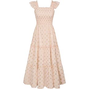 GRACE KARIN Womens Smocked Flowy Summer Dresses A Line Square Neck Flutter Sleeve Ruffle Tiered Polka Dot Cocktail Dress