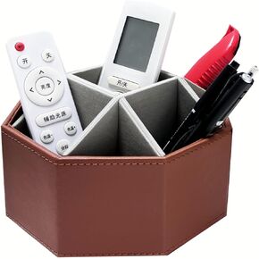 PU Leather Remote Caddy,360 Degree Spinning TV Remote Control Holder,9 Grids Desk Organizers and Accessories for Controller,Media, Mail,Calculator,Pen,Phone,Storage Holder(Light Brown)