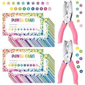 200 Pcs Reward Punch Cards and 2 Handheld Punch Kit Behavior Incentive Awards Loyalty Cards for Classroom Students Teachers Kids and Single-Hole Star Round Hole Puncher for Business Office Supplies