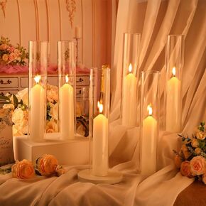 6 Sets Open Ended Hurricane Candleholders with Pillar Candles Hurricane Candle Holder Sleeve Bottomless Glass Candle Shade Cylinder Clear Chimney Tube for Home (2.5 x 14 Inches)