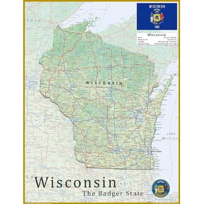 Wisconsin State Physical Poster Map - 16.4 x 21.4 Inches - Paper Laminated