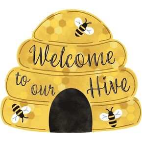 Craig Bachman 12'' Metal Embossed Sign: Welcome to Our Hive Tin Sign Wall Door Hanger, Yellow, Black, Gold