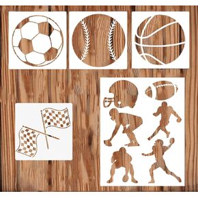 5PCS Sports Ball Stencils, Football Basketball Golf Soccer Baseball Racing Diving Reusable Plastic Template for Painting on Wood Drawings Woodburning Canvas DIY Decor