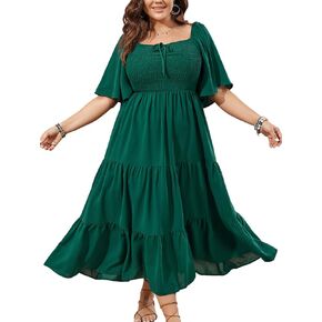 Women's Plus Size Flowy Maxi Dress Flutter Short Sleeve Boho Dress Square Neck Smocked Formal Dresses for Women