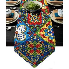 Mexican Talavera Ceramic Tile Pattern Linen Table Runners Dinner Table Setting Dresser Scarves Farmhouse Style for Party Holidays Home Kitchen Decoration (Mexican Talavera, 13"x 71")