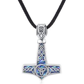 Norse Viking Thors Hammer Talisman Necklace 925 Sterling Silver Abalone Shell Vintage Rune Amulet Noridc Jewelry Gift for Women Men Mothers Day Gifts