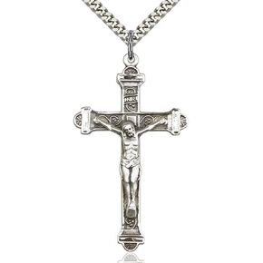 Heartland Men's Crucifix Sterling Silver Pendant with Antique Silver Accents Cross Bar Edges + USA Made Choice of Chain Gift Box