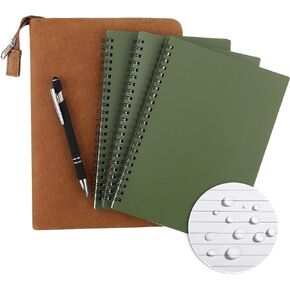 5 Pcs Weatherproof Side Spiral Notebook Kit Waterproof Notebook Fabric Cover 5.7" x 8.26" Green Notebook, and Weatherproof Pen for Outdoor Activities Recording