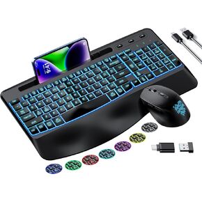 Wireless Keyboard and Mouse Combo Telylou Ergonomic Quiet Keyboard Mouse Combo 7 Backlit Effects, Wrist Rest, Phone Tablet Holder 2.4GHz Ergonomic Mouse and Keyboard for Windows, Mac, Computer, PC