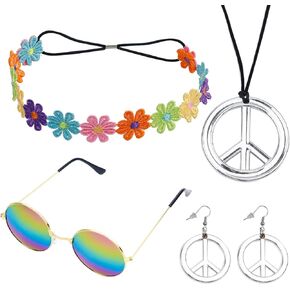 4 Pcs Hippie Costume Accessories Set 70s Hippie Party Favors Decorations Peace Sign Necklace Boho Flower Headband Sunglasses Earrings for Women Girls Hippie Accessories