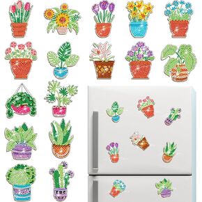 16 Pcs Plant Diamond Painting Magnets Refrigerator Magnetic Sticker Diamond Fridge Magnet Diamond Painting Kits Gem Art for Kids Beginners Boys Girls Adults DIY Crafts Party