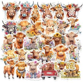 50PCS Highland Cow Stickers,Highland Cow Aesthetics Stickers,Gift for Adults,Teens,Kid,Vinyl Waterproof Stickers for Water Bottle Laptop Phone Case Computer Scrapbooking