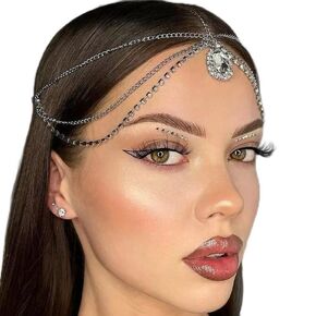 Rhinestone Head Chain Jewelry Silver Wedding Head Pieces Jewelry Sparkly Flower Pendant Bridal Chain Headpiece Jewelry Prom Boho Party Head Piece for Women Girls