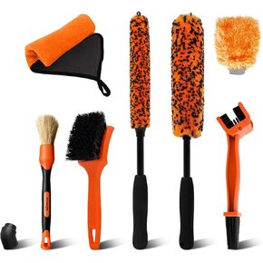 7PCS Car Wheel Cleaning Brush Kit, 2 Sizes Long Handle Bendable Wheel Cleaner Brush, Scratch-Free Detailing Brush, Tire Brush and Chain Brush, Soft Mitt and Towel for Motorcycle and Bicycles