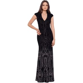Betsy & Adam Long Cap Sleeve Glitter Ombre Gown Black 4
