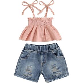 Kids Toddler Girl Clothes 18 24 Month 2T 3T 4T 5T Jeans Girls Shorts Set Smocked Ruffle Cami Top Ripped Denim Shorts