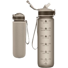 Water Bottle with Straw, Motivational 32 oz Water Bottles with Time Marker & No Sweat Sleeve, BPA Free Leak Proof Gym Bottle with Times to Drink