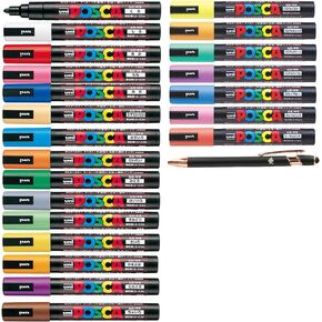 Uni Paint Marker Poster Color 22 Marking Pen Medium Point PC-5M 15 Standard & 7 Natural Colors Set With Original Stylus Ballpoint Touch Pen