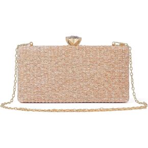 Straw Clutch Purse For Women Elegant Hand Woven Top Handle Evening Party Bag With Metal Chain