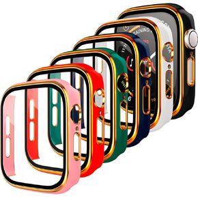 [6-Pack] Hard PC Case for Apple Watch 45mm Case with Screen Protector Tempered Glass, Overall Protective Case for Men Women GPS iWatch Series 8 Series 7 Accessories, Gold Assorted