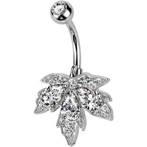 Pierced Owl 14GA 316L Stainless Steel CZ Crystal Maple Leaf Belly Button Ring