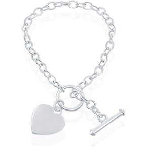 Sterling Silver Italian 7.5" Engravable Heart Charm Toggle Bracelet