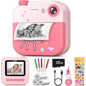 Kids Camera Instant Print - 1080P Digital Video Instant Camera for Kids, Christmas Birthday Gifts for Girls Boys Age 3-12, Toddler Cameras with 3 Rolls No Ink Print Paper & 32g SD Card -Shark