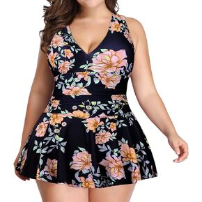 Lu's Chic Women's Swim Dress 2 Piece Tankini Set Tummy Control V Neck Bathing Suit Skirt Boyshorts (L-3XL)