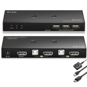 KVM Switch DisplayPort 1 Monitors 2 Computers, DP KVM Switch Share USB 2.0 Devices with 3 USB Hub for 4K@60Hz, 2K@144Hz, 2K@120Hz, with Extension Control Switch, 3 DP 1.4 Cable