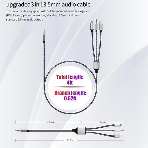 سلك Aux 3 في 1، كابل Lightning إلى 3.5 مم لهاتف iPhone، كابل USB C إلى 3.5 مم، سلك iPhone aux بطول 3.3FT متوافق مع iPhone، iPad، جميع الهواتف المحمولة، السيارة، ستيريو المنزل، مكبر الصوت، سماعة الرأس in Kuwait