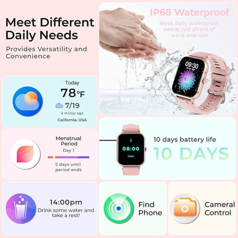 ساعة ذكية للنساء والرجال Android iPhone، ساعة ذكية 1.8 بوصة مع مكالمة بلوتوث (الرد/إجراء مكالمة)، متتبع اللياقة البدنية مع IP68 مقاومة للماء، معدل ضربات القلب SpO2 in Kuwait
