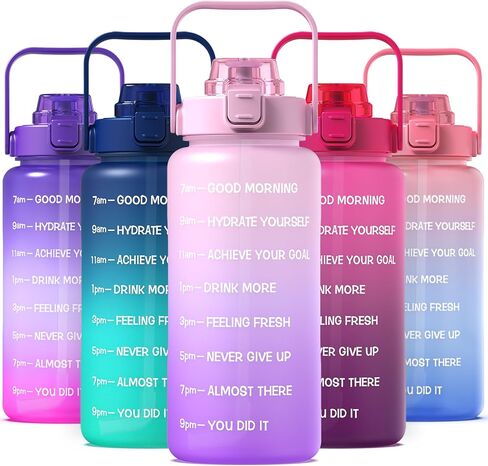 زجاجة مياه بنصف جالون/64 أونصة مع علامة زمنية وقش، زجاجة مياه تحفيزية بمقبض، إبريق ماء تريتان مقاوم للتسرب وخالي من البيسفينول A للصالة الرياضية، والخارج، واللياقة البدنية (أومبير أخضر وردي، 64 أونصة) in Kuwait