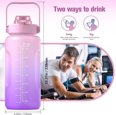 زجاجة مياه بنصف جالون/64 أونصة مع علامة زمنية وقش، زجاجة مياه تحفيزية بمقبض، إبريق ماء تريتان مقاوم للتسرب وخالي من البيسفينول A للصالة الرياضية، والخارج، واللياقة البدنية (أومبير أخضر وردي، 64 أونصة) in Kuwait