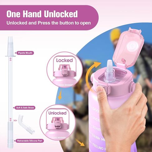 زجاجة مياه بنصف جالون/64 أونصة مع علامة زمنية وقش، زجاجة مياه تحفيزية بمقبض، إبريق ماء تريتان مقاوم للتسرب وخالي من البيسفينول A للصالة الرياضية، والخارج، واللياقة البدنية (أومبير أخضر وردي، 64 أونصة) in Kuwait