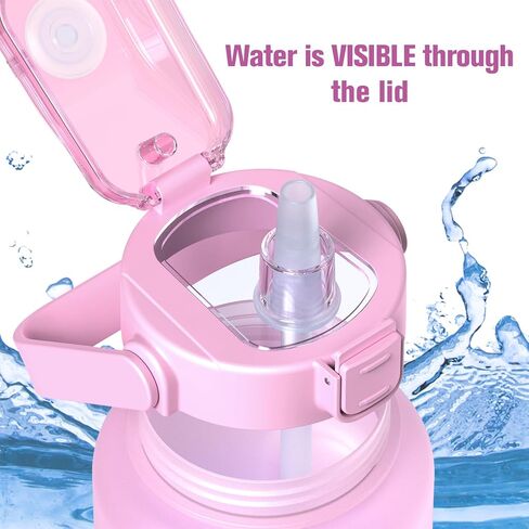 زجاجة مياه بنصف جالون/64 أونصة مع علامة زمنية وقش، زجاجة مياه تحفيزية بمقبض، إبريق ماء تريتان مقاوم للتسرب وخالي من البيسفينول A للصالة الرياضية، والخارج، واللياقة البدنية (أومبير أخضر وردي، 64 أونصة) in Kuwait