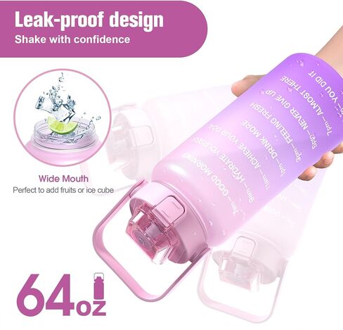 زجاجة مياه بنصف جالون/64 أونصة مع علامة زمنية وقش، زجاجة مياه تحفيزية بمقبض، إبريق ماء تريتان مقاوم للتسرب وخالي من البيسفينول A للصالة الرياضية، والخارج، واللياقة البدنية (أومبير أخضر وردي، 64 أونصة) in Kuwait