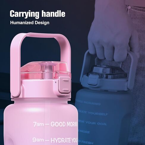 زجاجة مياه بنصف جالون/64 أونصة مع علامة زمنية وقش، زجاجة مياه تحفيزية بمقبض، إبريق ماء تريتان مقاوم للتسرب وخالي من البيسفينول A للصالة الرياضية، والخارج، واللياقة البدنية (أومبير أخضر وردي، 64 أونصة) in Kuwait