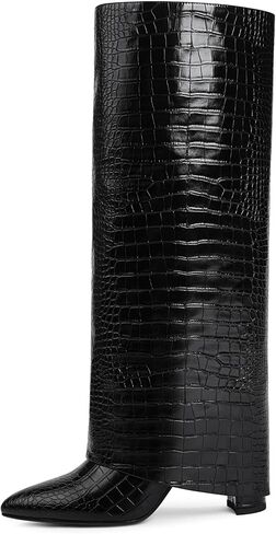 Knee High Boots Women Fold Over Boots Chunky Heel Pointed Toe Tall Boots | Fashion Slouchy Boots,Side Zipper Shark Boots,Fall Spring Winter Fashion Dress Tall Boots,Evening Bridal office Long Boots in Saudi Arabia