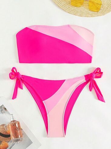 Milumia Women's 2 Piece Bandeau Tie Side Swimsuits Color Block High Cut Bikini Sets Swimwear in Saudi Arabia