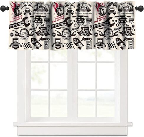 Retro Kitchen Curtain Valance, Car Repair Shop Logos Monochrome Car Silhouettes Best Garage in Town, for Bedroom Living Room Cafe Bathroom 1 Panels W54xL18in in Saudi Arabia
