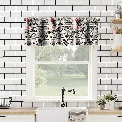 Retro Kitchen Curtain Valance, Car Repair Shop Logos Monochrome Car Silhouettes Best Garage in Town, for Bedroom Living Room Cafe Bathroom 1 Panels W54xL18in in Saudi Arabia