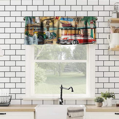 Retro Kitchen Curtain Valance, Car Repair Shop Logos Monochrome Car Silhouettes Best Garage in Town, for Bedroom Living Room Cafe Bathroom 1 Panels W54xL18in in Saudi Arabia