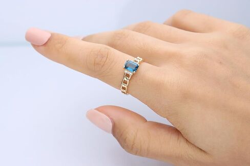 Gin & Grace 14K Yellow Gold Genuine London Blue Topaz Ring with diamonds for women | Ethically, authentically & organically sourced (Emerald) shaped London Blue Topaz hand-crafted jewellery for her | London Blue Topaz Ring for women in Saudi Arabia