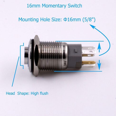 Momentary Push Button Switch, URTONE UR168, 1NO1NC Stainless Steel Shell with 24V Blue LED Ring Suitable for 16mm 5/8" Mounting Hole, Include Socket in Saudi Arabia